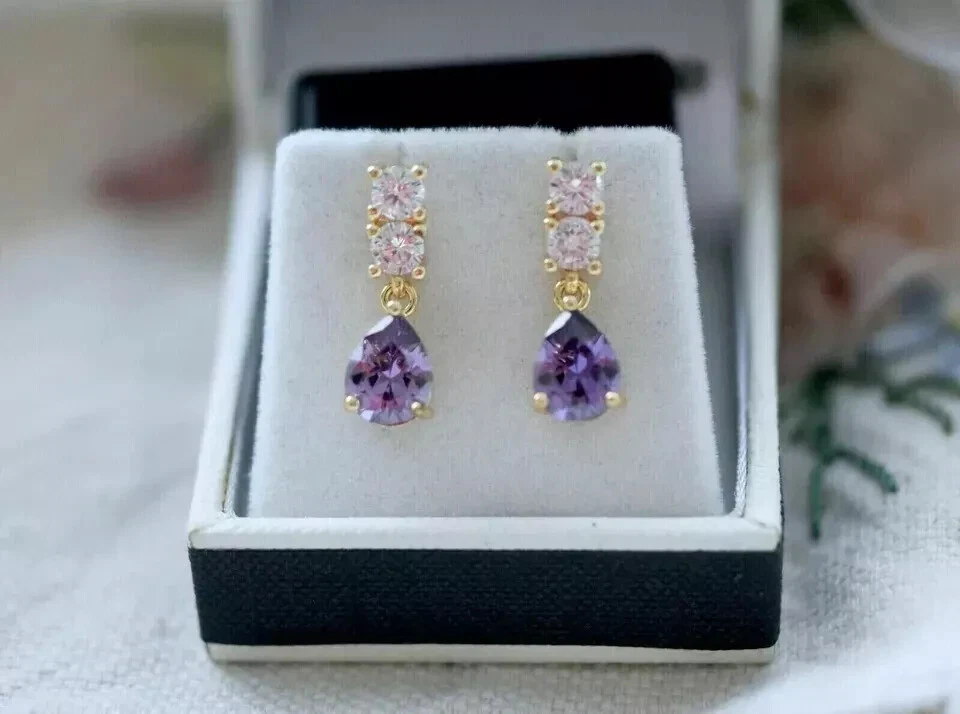 2.2Ct Pear Simulated Purple Amethyst Drop Dangle Earrings 14K Yellow Gold Plated - Image 2 of 4