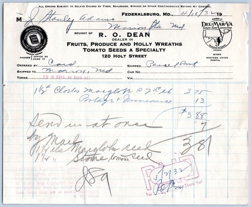1932 PRESTON MARYLAND RO DEAN FRUTAS PRODUCEN CORONAS DE ACEBO SEMILLAS DE TOMATE CABEZA DE PICO - Imagen 2 de 3