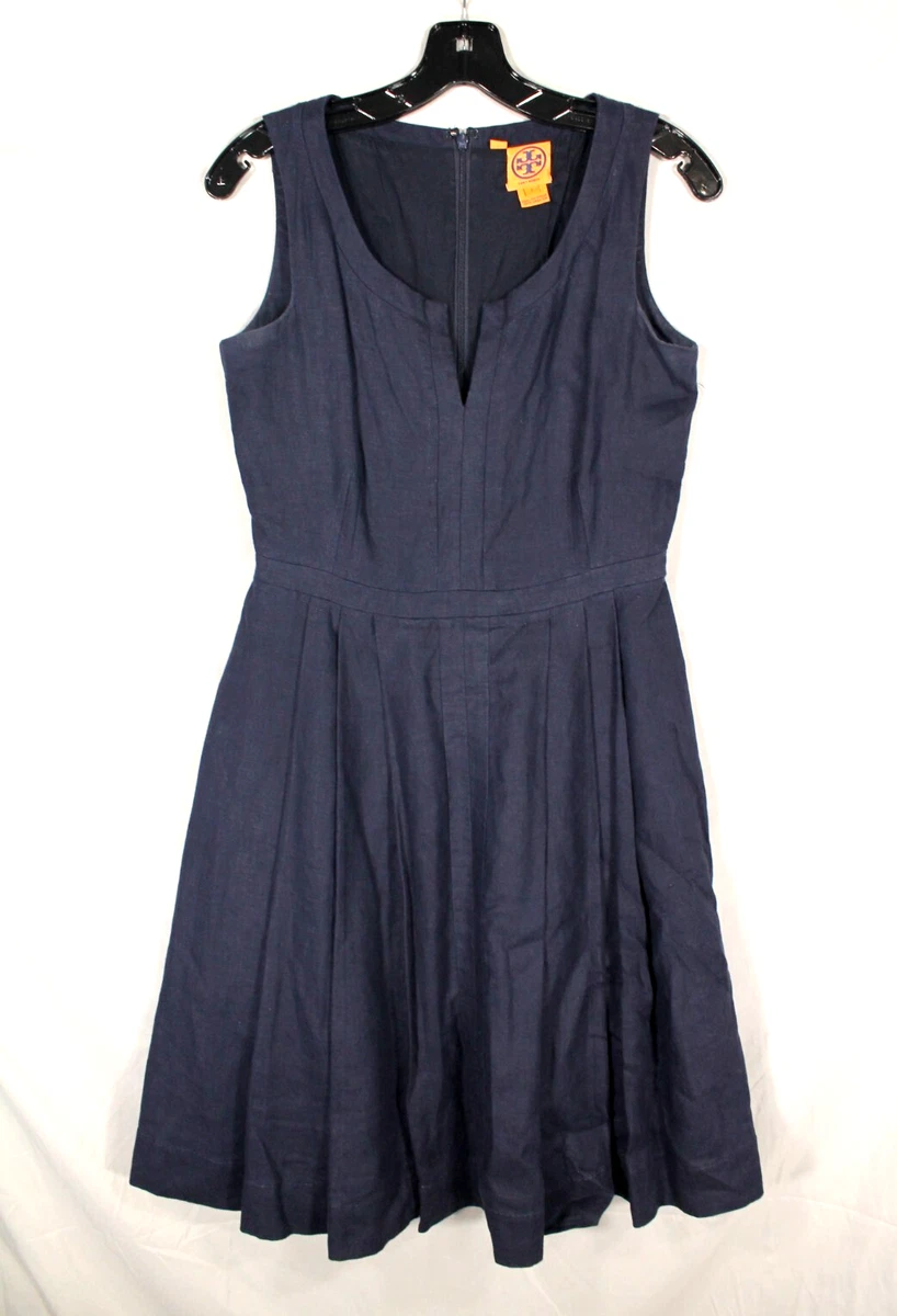 chinese dress ladies Tory Burch Black Cotton Linen Button Front Belted Utility Knit Dress