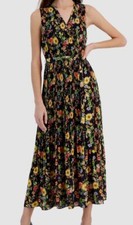 T Tahari Women's Black Floral Pleated Sleeveless V-Neck Self Tie Dress Size XS