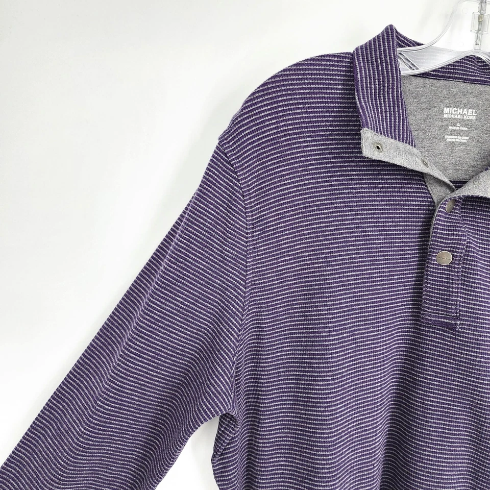 Camisa MICHAEL Kors Manga Larga L Púrpura Gris Rayas Cuello a Presión Algodón Elástico Foto 3 de 4