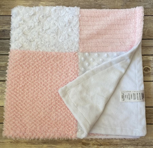 Baby Essentials Blanket Pink & White Minky Dot Textured Squares Patchwork Lovey - Picture 2 of 8