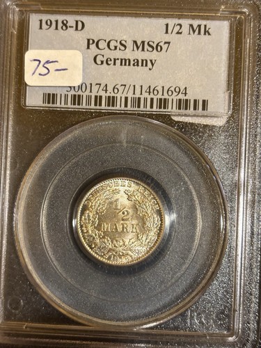 1918 -d 1/2 Mk Germany Pcgs Ms 67 Beautiful Gem - Afbeelding 1 van 2