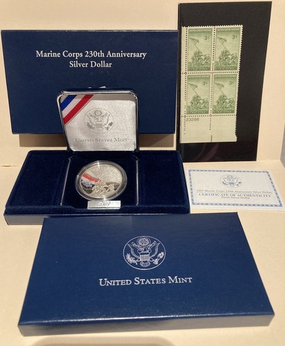 2005 Marine Corps Proof Silver Dollar And Plate Block Of Iwo Jima Stamps OGP