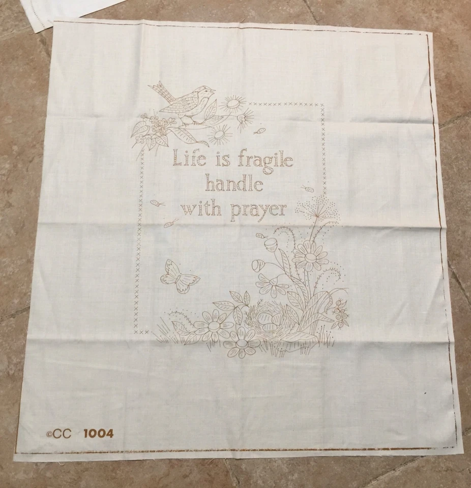 Vintage Crewel Cross Stitch pattern "Life is Fragile Handle With Prayer" cotton - Image 2 of 2