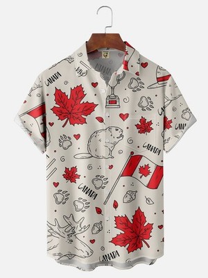 Canada Day Maple Leaf Squirrel Elk Chest Pocket Hawaiian Shirt