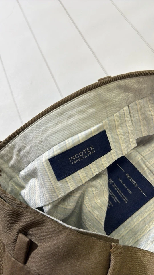 Incotex mens 34x34 brown 100% wool flat front luxury dress pants EUC - Image 3 of 4