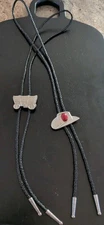 2 Vintage Bolero Tie Silver Tone Cowboy Hat Deep Red Stone & Wagon Wheel 