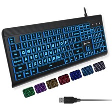 Large Print Backlit USB Keyboard - Oversized Light-Up Keys, 7-Color LED, PC/Lapt