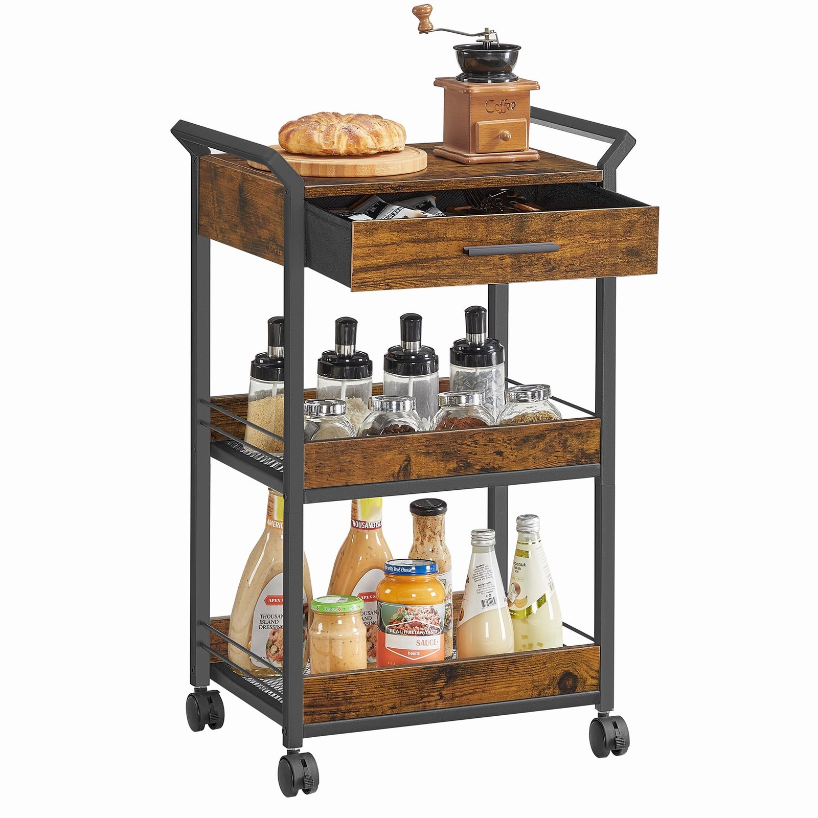 VASAGLE Storage Trolley, 3-Tier 30 x 46.2 x 70.5 cm, Rustic Brown + Ink Black