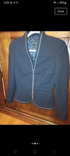 Escada Tailored Navy Blue Goldtone Zip Blazer Sz 36