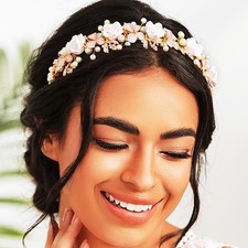 Gold Crystal Flower Wedding Headband Pearl Beaded Party Prom Bride Hair Piece