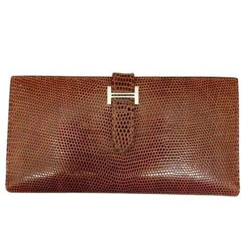 Hermes Bearn Soufflé Bifold Wallet Long Wallet Lizard Rouge Ash