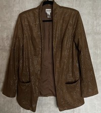 Chicos Open Front Brn/Gld Embellished Pockets Lined Cardigan Blazer Jacket Sz1-M