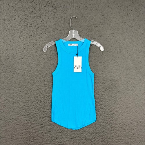 Zara Tank Top Womens Medium Blue Ribbed Sleeveless Stretch Casual Spring Mom