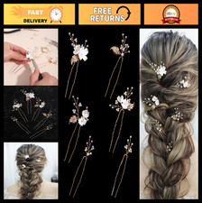 Elegant Handmade Pearl Bridal Hair Pins - 6 Pcs White Floral Gold Leaf Clips for