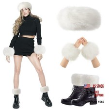 White Faux Fur Headband Set - Fuzzy Short Wrist Warmers - 3 Pieces