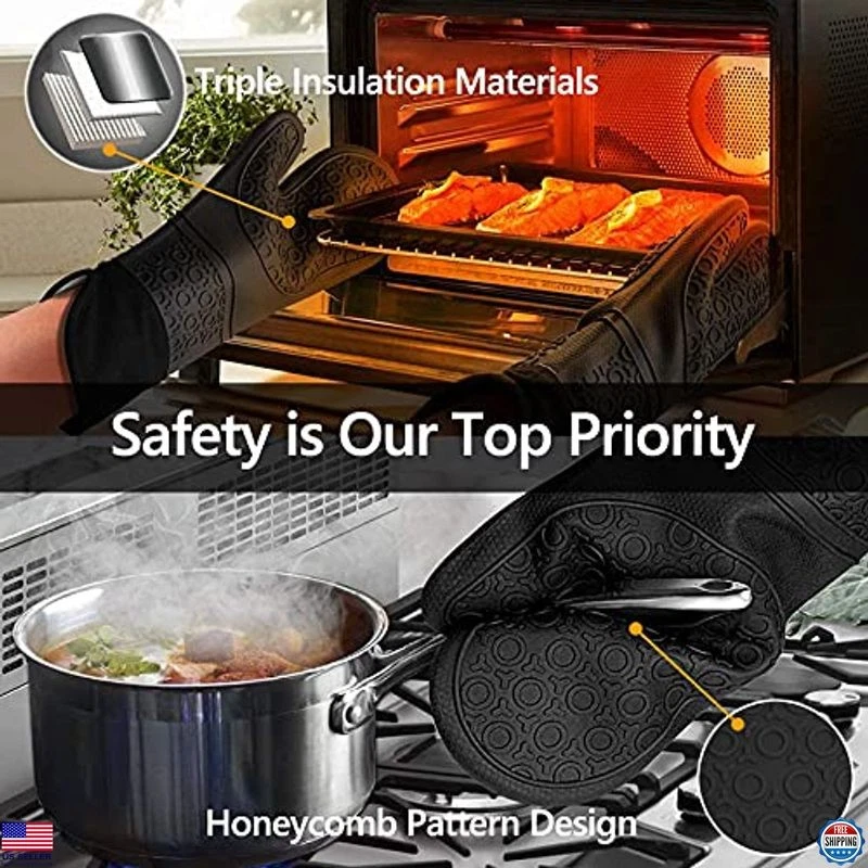 Juegos de guantes y soportes para ollas de silicona para horno, horno MTZRFLL extra largo resistente al calor Foto 4 de 4