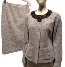 Lafayette 148 Suit Beaded Jacket Skirt Metallic Silver Tweed Sz 6 Party MOB MOG