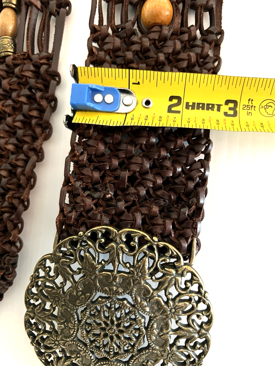 Vtg. Leather Brown Weaved Beaded Hip Hugger Belt Medalion Buckle Hippie Boho Vtg. Leather Brown Weaved Beaded Hip Hugger Belt Large  main image 4