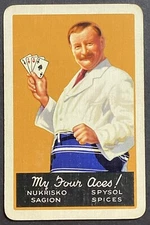 Man Holding 4 Aces Spysol Spices Ad Vintage Single Swap Playing Card 9 Diamonds
