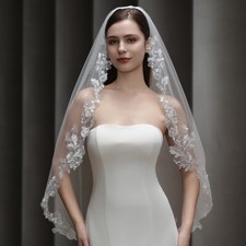 Hochzeit Schleier Ivory 100cm Brautschleier Kurz 1-lagig Spitze Aufkleber