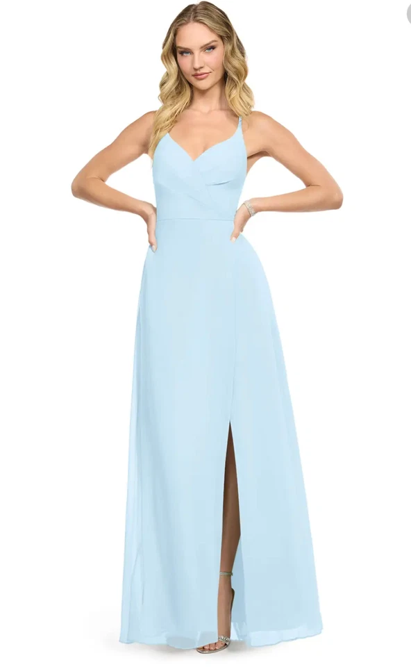 Azazie Davis Sky Blue Chiffon Bridesmaid Floor Length A-line V-neck Dress - Image 2 of 4