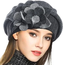 Women's French Beret 100% Wool Beret Floral Dress Beanie Winter Hat