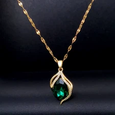 Womens Necklace Green Drop Pendant 18K Gold Plated Stainless Steel Chain Jewelry