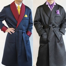 Men Quilted Robe Vintage Smoking Dressing Gown Cotton Jacket Long Bathrobes Coat