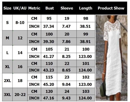 Womens Lace Linen Cotton%Casual Holiday Midi Short Sleeve Kaftan Dress PLUS SIZE - Picture 2 of 21