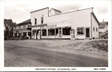 RPPC - Bob Shearer Store, Buckhorn, Ontario - Photo Postcard - Gas Pumps, c1940s
