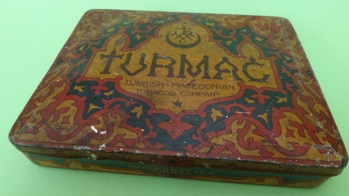 VTG TURMAC TURKISH MACEDONIAN TOBACCO COMPANY 50 ORANGE CIGARETTES TIN BOX  1920s