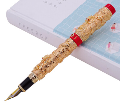 Jinhao Gold Red Dragon Embossment Bent Nib Fountain Pen Fude