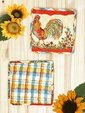 April Cornell Rooster Patchwork Potholder Set of 2 Ecru, Rust, Teal, Gold