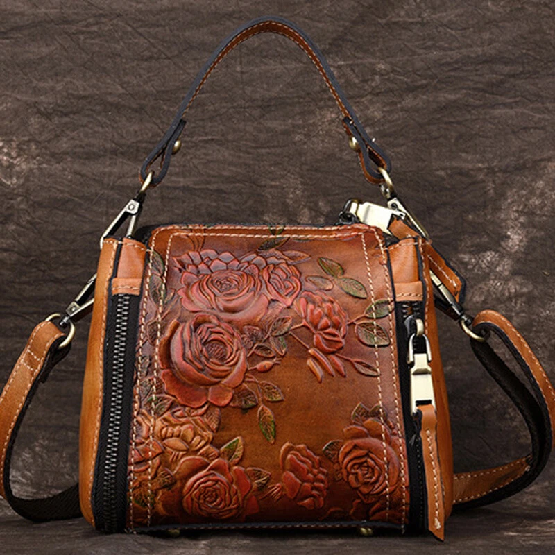 Genuine Leather Floral Embroidered Vintage Handbag Women s Tote