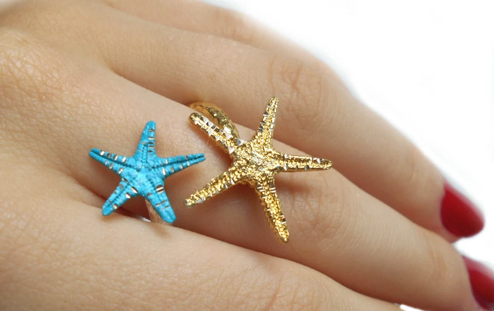 Seestern  Ring 925er-Silber vergoldet türkis gelackt  Ringgröße 52 - 56  TKR3