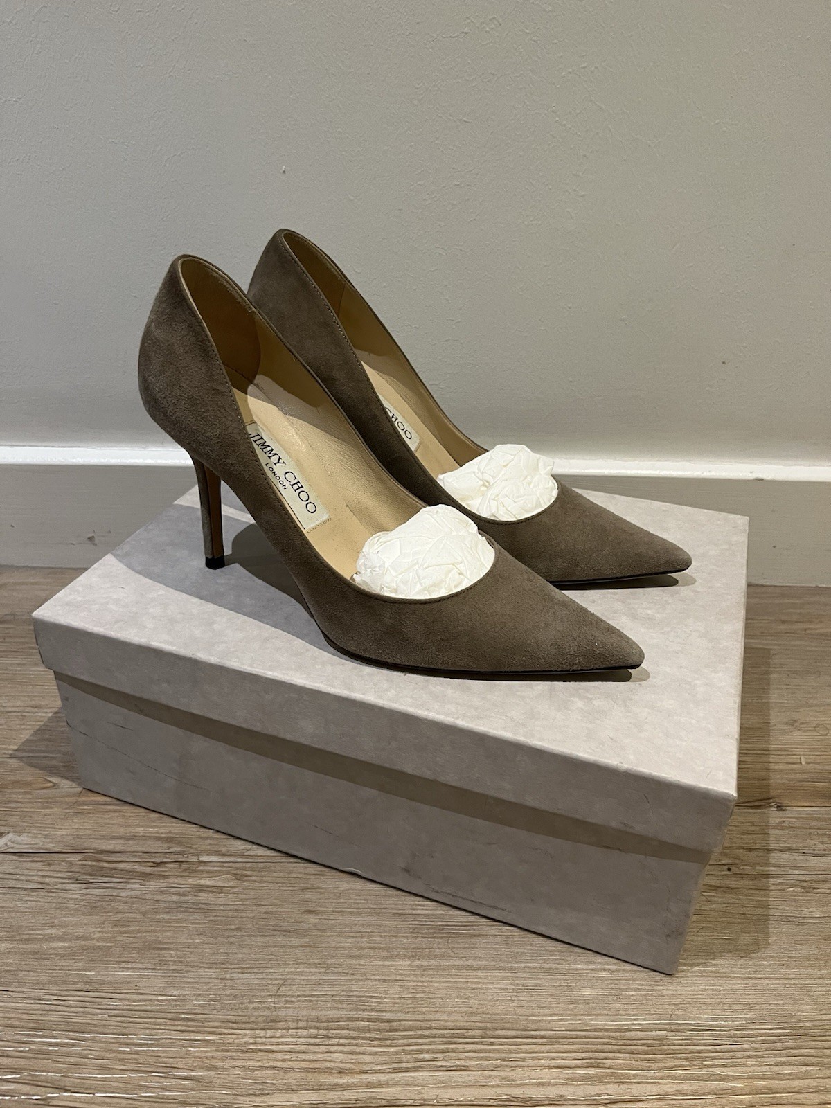 JIMMY CHOO Romy 85 Taupe Suede Pointed Toe Pumps Heels EU [37.5]