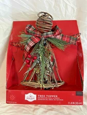 Holiday Time Rustic Angel Tree Topper – 11.8” Plaid Bow & Pine Accents – NIB