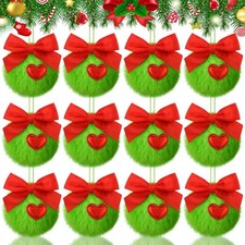 Gejoy 12 Pcs Lime Green Furry Christmas Ball Ornaments with Red Bow for