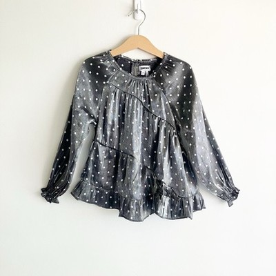 DKNY Girls Sz 5 Polka Dot Blouse Asymmetric Long Sleeve Tiered Ruffle Shimmery