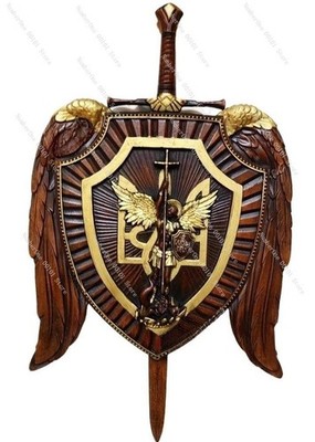 Holy Sword Archangel Michael Shield Wood Carving, Christian Wall gold 16 in
