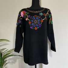 SML Sport VTG Holiday Sweater M Colorful 90's Sequins Beaded Black Knit Festive