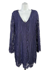 Francesca's Women's Navy Blue Open Back Lace Lined Long Sleeve Shift Dress - L