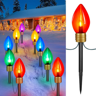 Jumbo C9 Christmas Lights 8.5ft Outdoor Decor with Pathway Marker Stakes, 2 Pack