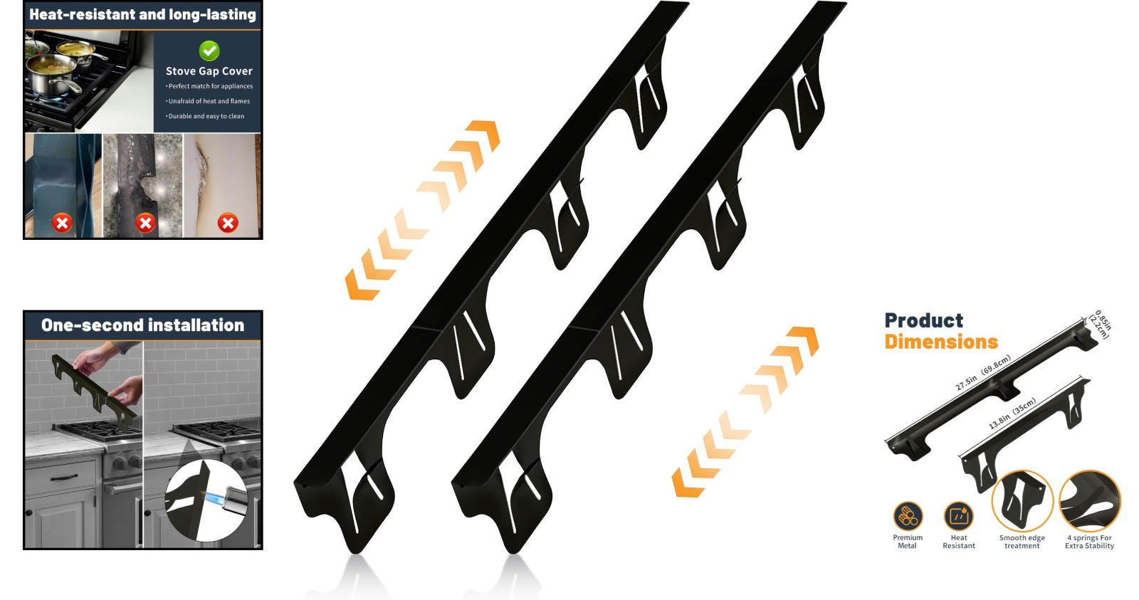 Adjustable Stainless Steel Stove Gap Covers, 13.8-27.5 in, Matte Black