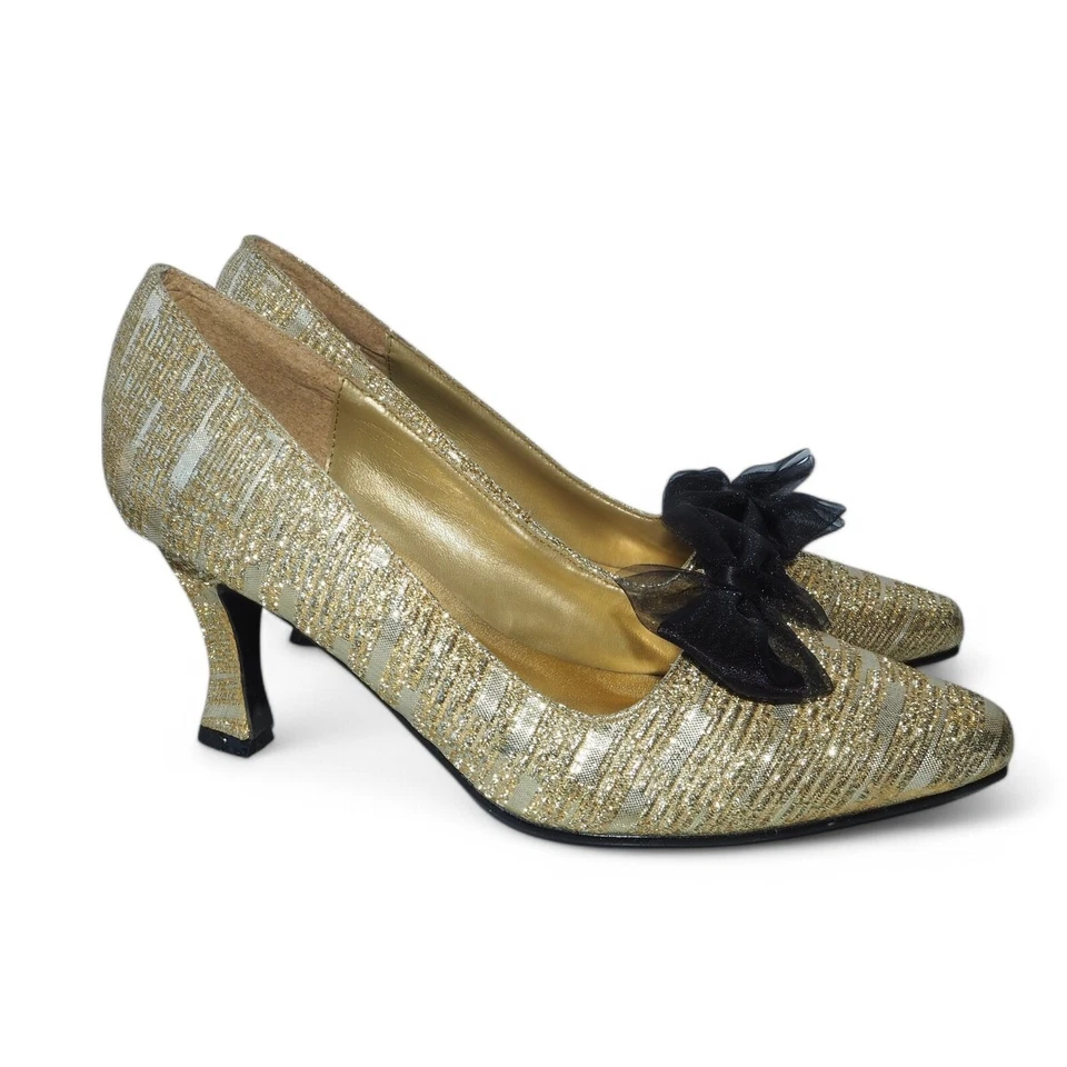 Tacones de salón Anne Michelle vintage con lazo dorado/negro para mujer 8 Foto 4 de 4