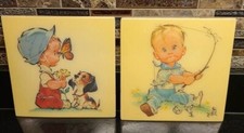 2 1962 Pete Hawley Vintage Little Boy Fishing/Puppies Wall Plaques 8 1/2"x8 1/2"