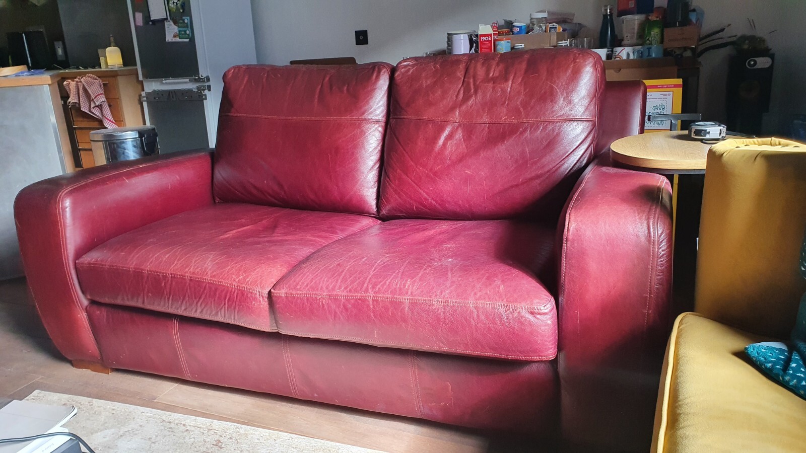 Large 2 seater real leather sofa bed good condition with some wear eBay