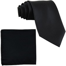New Men's Formal stripes polyester Neck Ties Hankie set black prom wedding